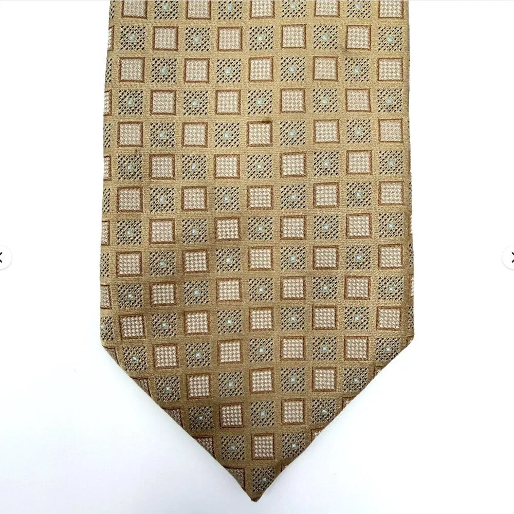 HUGO BOSS Silk Tie Geometric Beige Blue Pattern Made In Italy‎